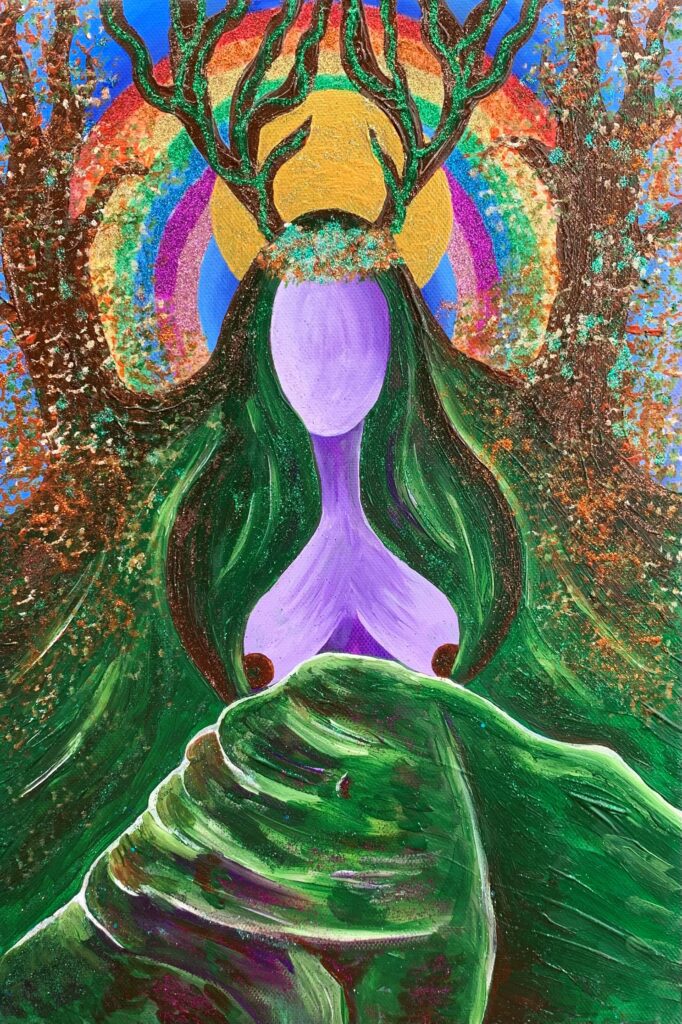 Lady of Earth represents the West of the wheel at the Autumn Equinox of Mabon, reminding you to let go of everything you no longer need and grounding yourself deeply into Her earth.