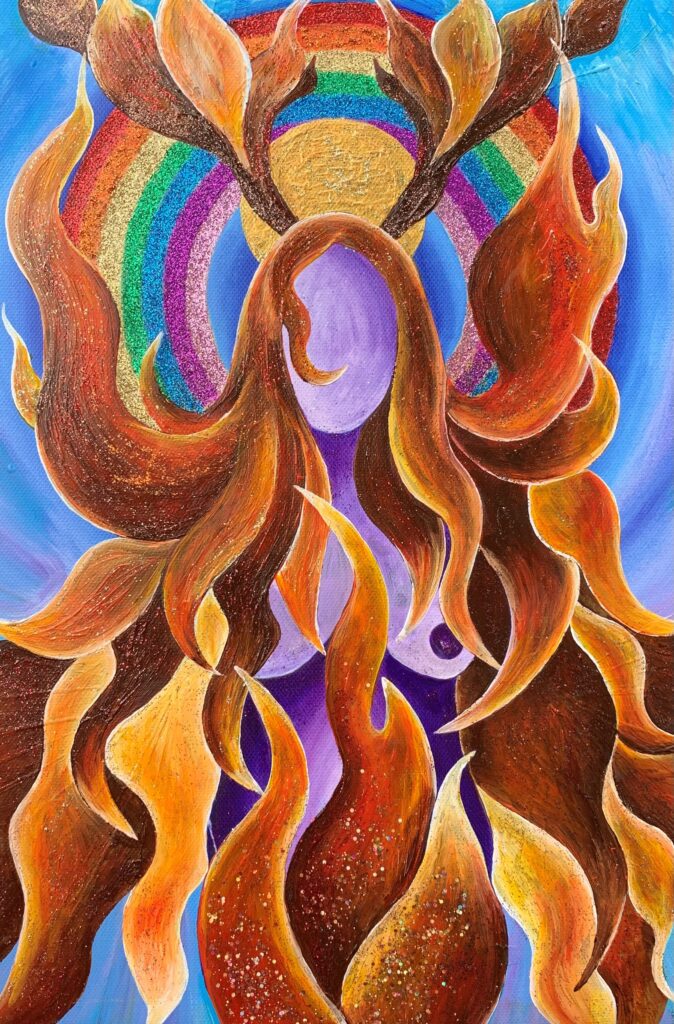 Lady of Fire represents the East of the wheel at the Spring Equinox and the fire aspects of manifestation and bringing your dreams into reality.