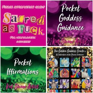 Set of Pocket Goddess Guidance cards, pocket Goddess Iffirmation cards, Golden Goddess oracle cards and Sacred as fuck fierce affirmation cards.